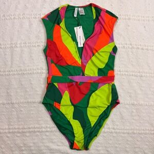 Sanctuary Plunge V-neck Cap Sleeve Abstract One Piece‎ Swimsuit Small